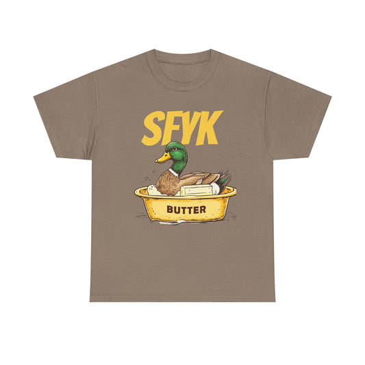 SFYK Butter Duck Unisex Heavy Cotton Tee - Humorous Graphic T-Shirt for Animal Lovers, Great for Everyday Wear