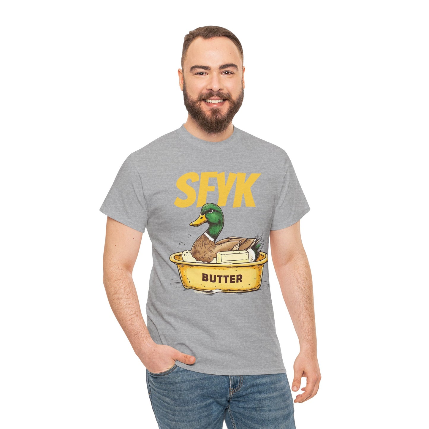 SFYK Butter Duck Unisex Heavy Cotton Tee - Humorous Graphic T-Shirt for Animal Lovers, Great for Everyday Wear