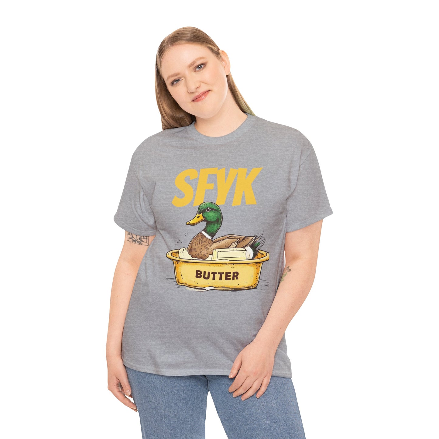 SFYK Butter Duck Unisex Heavy Cotton Tee - Humorous Graphic T-Shirt for Animal Lovers, Great for Everyday Wear